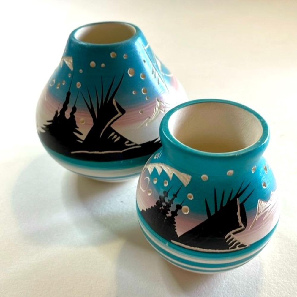 Vintage Navajo Pottery Vases Signed Black White Blush